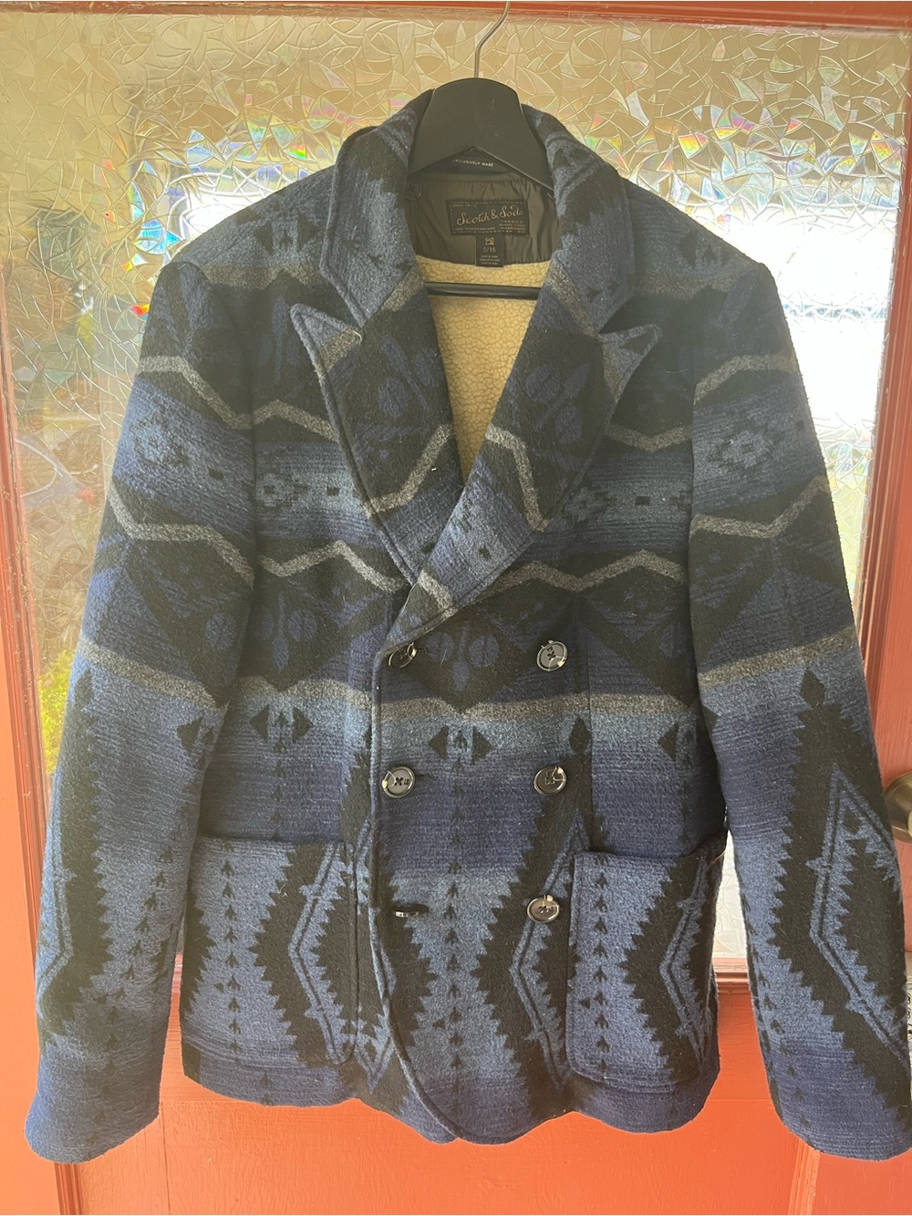 Scotch & soda Navy Aztec Double-Breasted Wool Blend Peacoat with removable vest